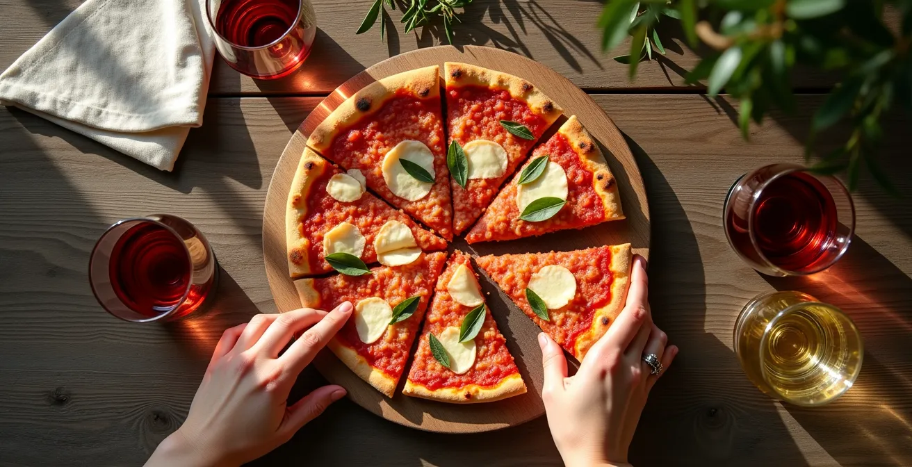 Vue en plongée d'une table de dégustation avec pizza Margherita et verres de vin rouge et blanc