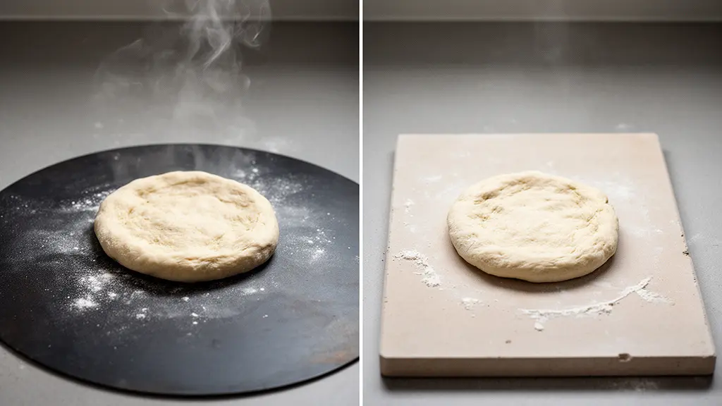 Composition en nature morte montrant une plaque d’acier à pizza et une pierre à pizza côte à côte, éclairées de manière contrastée pour suggérer deux transferts de chaleur différents.