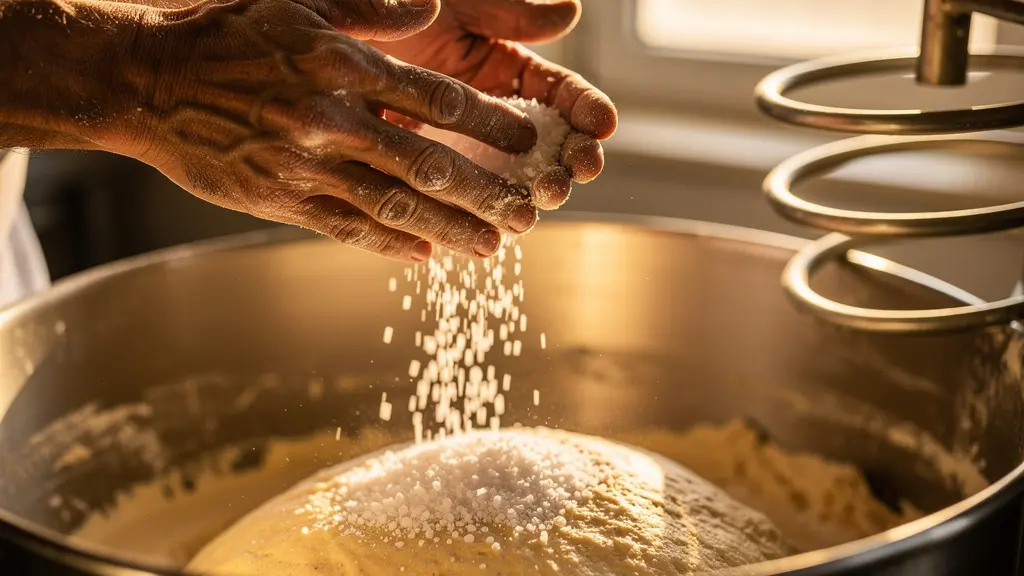 Mains de pizzaiolo ajoutant le sel en fin de pétrissage dans une cuve de pétrin