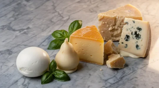 Assortiment de fromages italiens pour pizza disposés en arc de cercle par intensité croissante sur un plan de travail en marbre