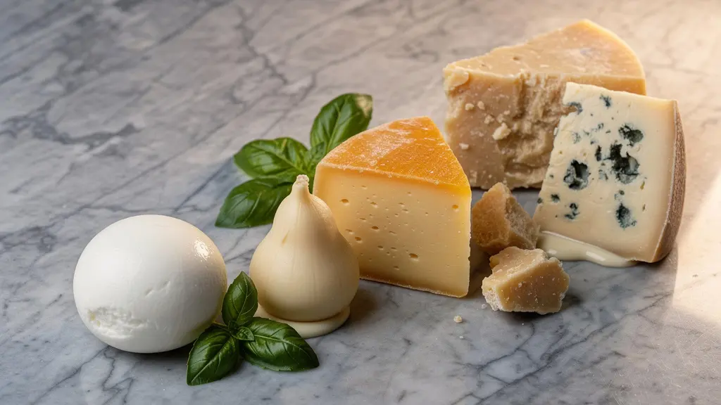 Assortiment de fromages italiens pour pizza disposés en arc de cercle par intensité croissante sur un plan de travail en marbre