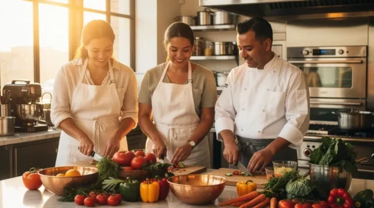Chef professionnel guidant des clients lors d'un atelier culinaire dans une cuisine d'hôtel lumineuse l'après-midi