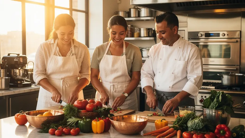 Chef professionnel guidant des clients lors d'un atelier culinaire dans une cuisine d'hôtel lumineuse l'après-midi