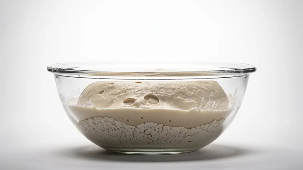 Vue en coupe d'un bol montrant la transformation de la pâte pendant l'autolyse avec des bulles d'air visibles
