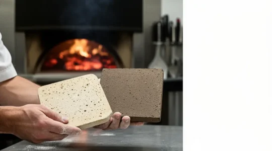 Deux pierres de cuisson (biscotto en argile claire et chamotte plus dense) posées devant l’ouverture d’un four à pizza très chaud, avec une zone d’espace négatif pour un titre.