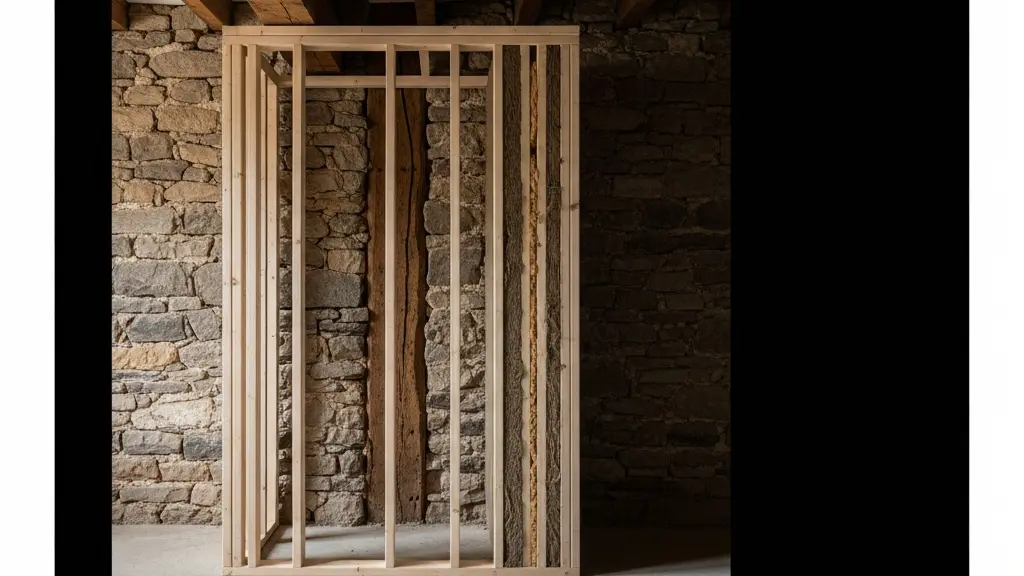 Vue conceptuelle d’une chambre ancienne rénovée avec une structure intérieure désolidarisée, suggérant une isolation acoustique sans toucher aux murs historiques.