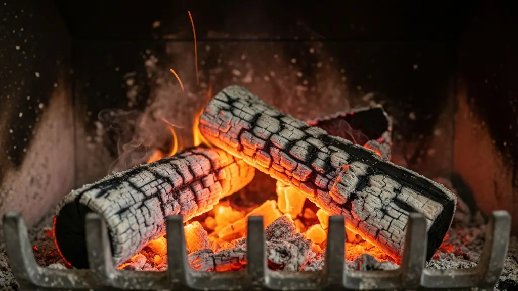 Gros plan sur des braises et du bois en combustion dans un foyer, textures très détaillées.