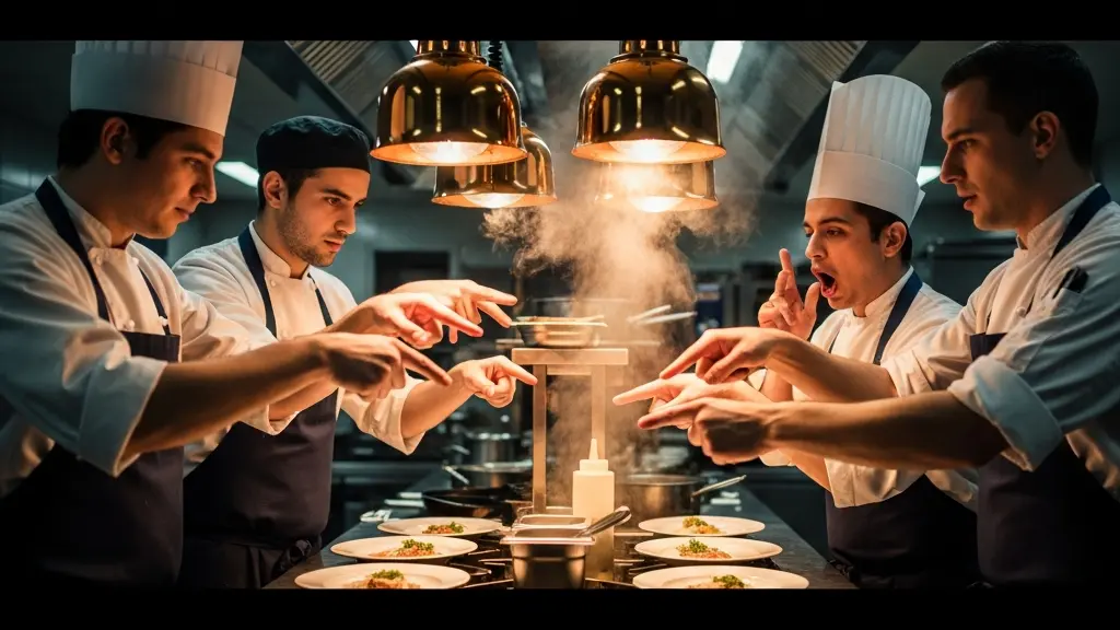 Vue plongeante d'une brigade en action avec gestuelle coordonnée autour du passe