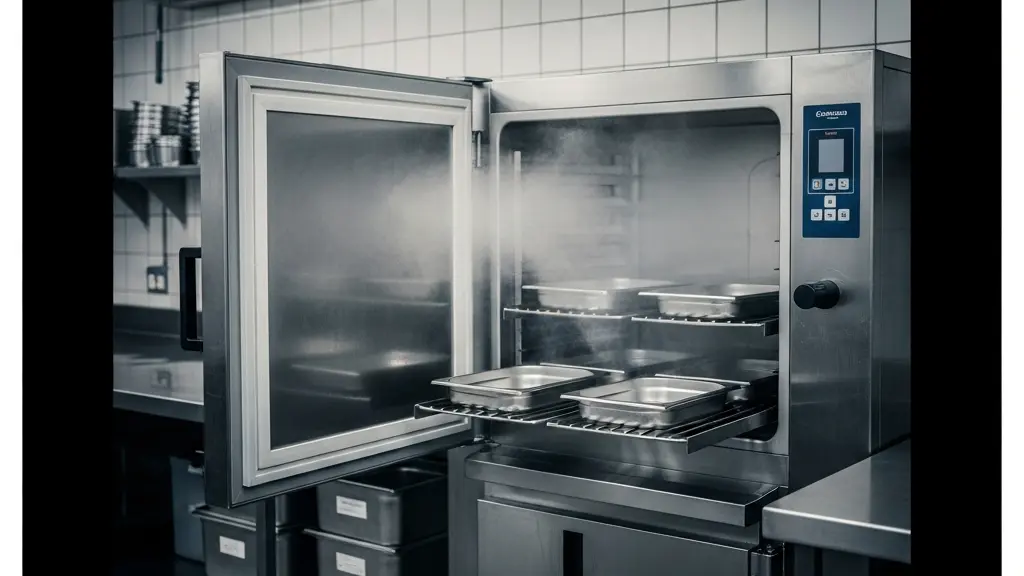 Une cellule de refroidissement en cuisine professionnelle avec bacs inox peu profonds espacés, suggérant une organisation rigoureuse du refroidissement sans aucun texte ni écran visible.