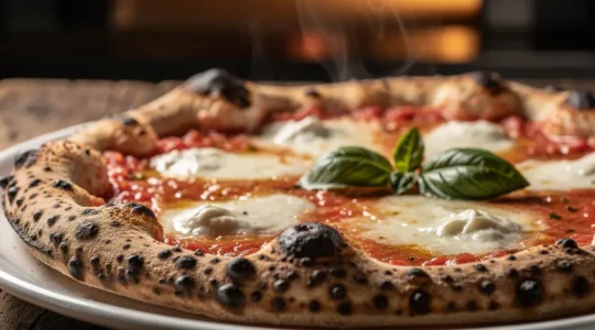 Gros plan sur une pizza napolitaine avec des labels de certification DOP, IGP et STG flous en arrière-plan