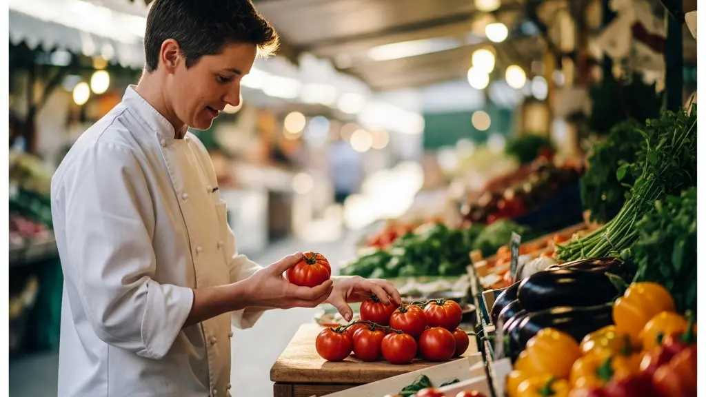 Chef cuisinier sélectionnant des légumes frais colorés sur un étal de marché local en plein air, interaction humaine et authentique