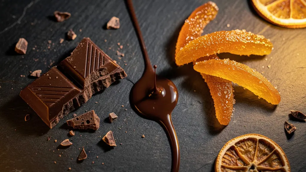 Composition symbolique montrant du chocolat noir fondu rencontrant des écorces d'orange confites, illustrant l'accord amertume-cacao.