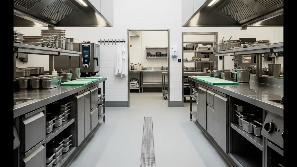 Vue large et minimaliste d'une cuisine professionnelle vide et parfaitement ordonnée illustrant la séparation claire entre les zones propres et les zones sales