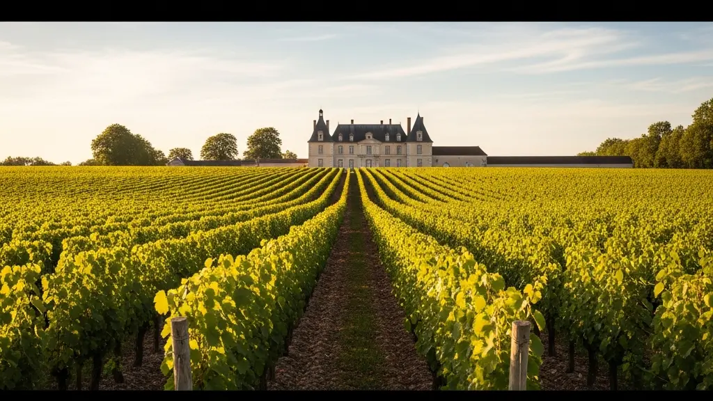 Rangées de vignes s'étendant vers un château en pierre baigné de lumière dorée au coucher du soleil