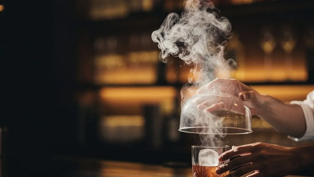 Un cocktail ambré servi sous une cloche en verre remplie de fumée épaisse dans une ambiance tamisée de bar, au moment précis où la cloche est soulevée