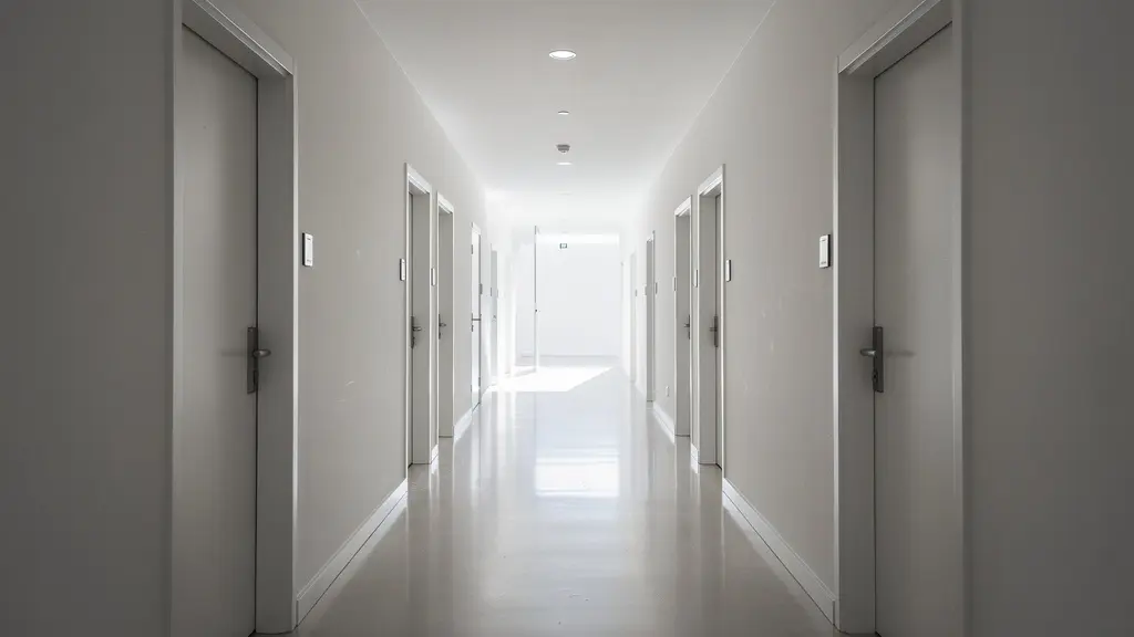 Vue minimaliste d'un couloir d'hôtel avec perspective et jeu de lumière naturelle