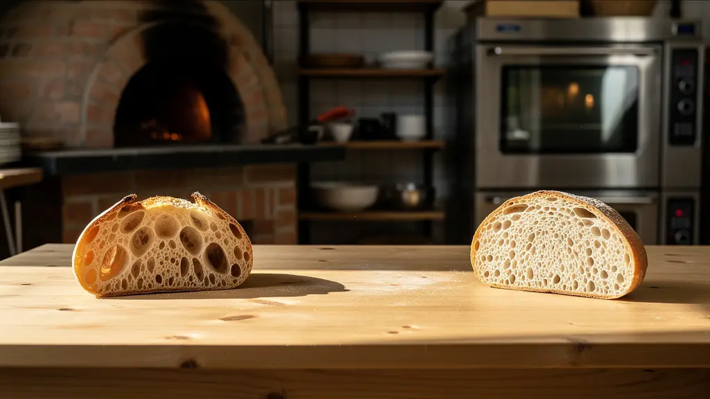 Coupe transversale de deux pains montrant la différence de structure de mie selon le type de four