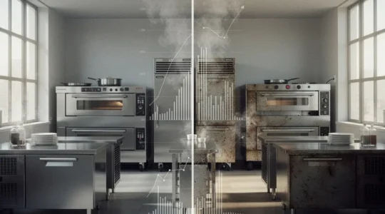 Vue contrastée d'un équipement de cuisine professionnel montrant le contraste entre neuf et occasion dans une ambiance professionnelle