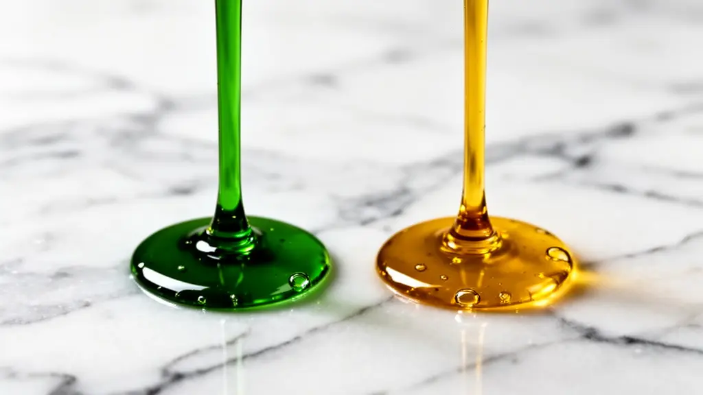 Deux filets d'huile d'olive de couleurs contrastées, l'un vert intense et l'autre doré ambré, versés côte à côte sur une surface claire