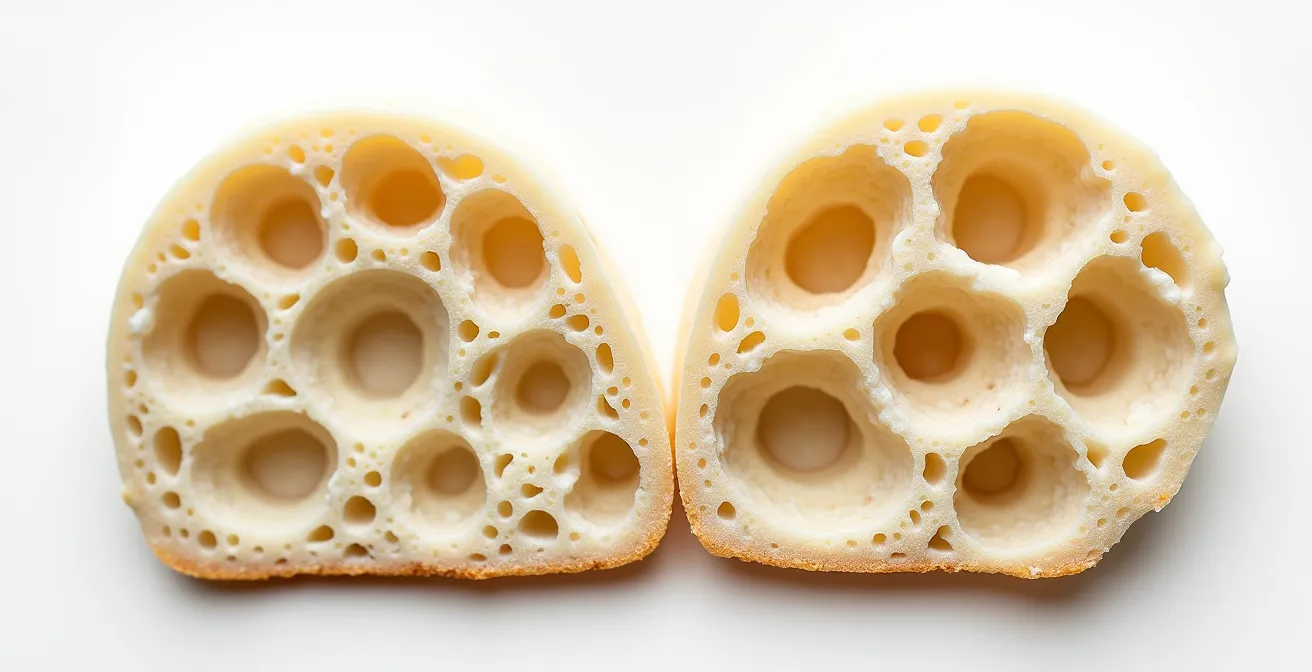 Comparaison microscopique de la structure alvéolée d'une pâte au levain versus levure classique