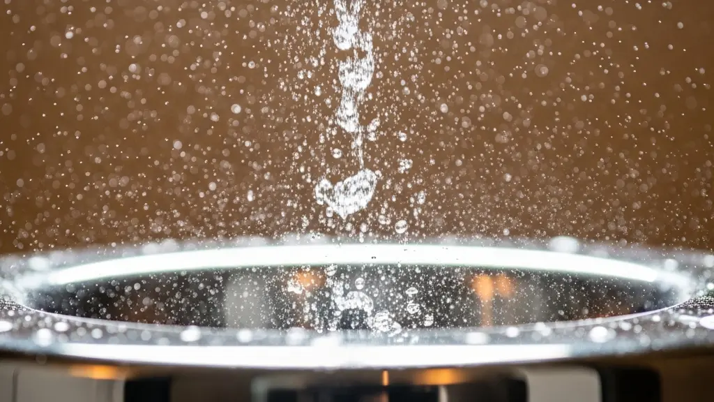 Gros plan macro sur des gouttelettes d'eau sur une surface métallique brillante avec effet bokeh en arrière-plan