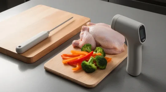 Comparaison entre une sonde à cœur et un thermomètre infrarouge dans une cuisine professionnelle