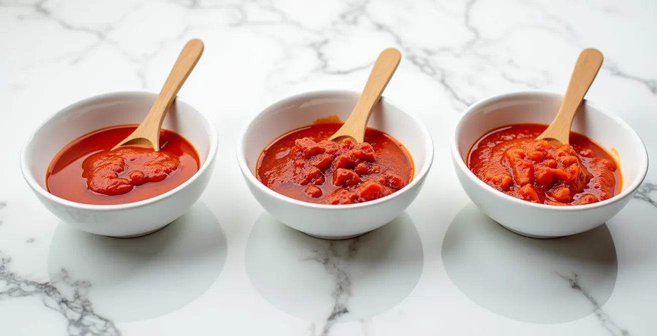 Trois textures de sauce tomate côte à côte montrant passata lisse, concassée et double texture