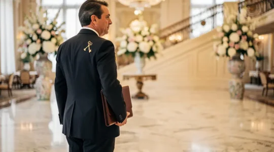 Concierge en uniforme impeccable dans le hall lumineux d'un hôtel de luxe, clés d'or visibles sur le revers de sa veste