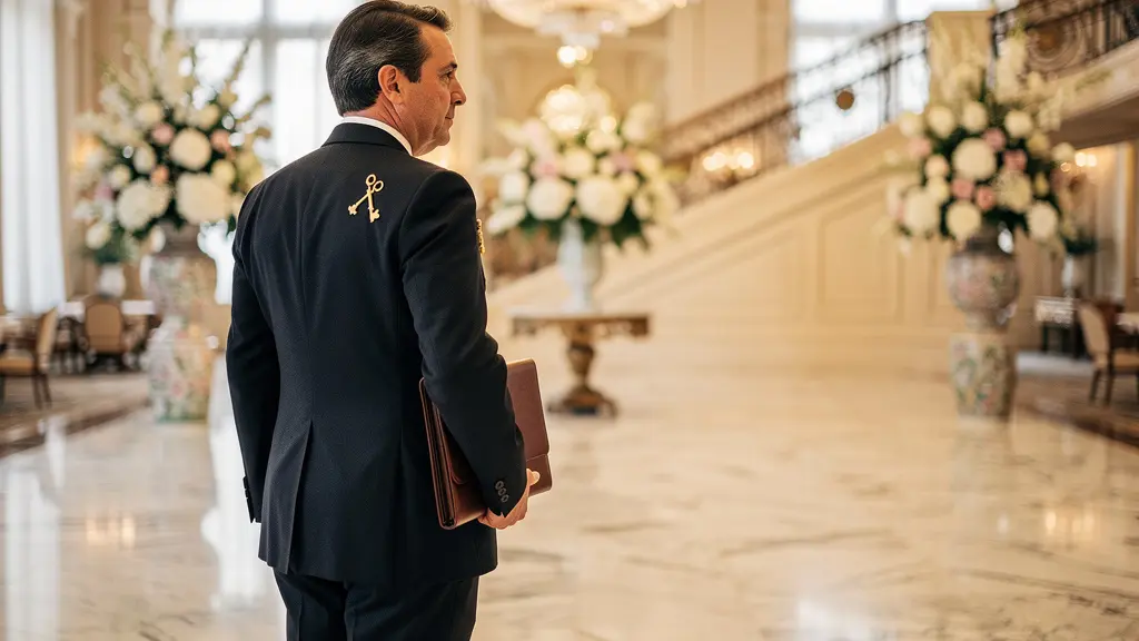 Concierge en uniforme impeccable dans le hall lumineux d'un hôtel de luxe, clés d'or visibles sur le revers de sa veste