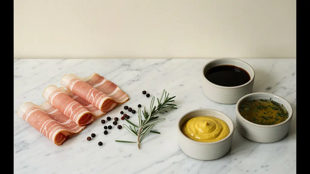 Composition minimaliste montrant des tranches de pancetta enroulées à côté de petits flacons de condiments artisanaux, sur une surface de marbre claire