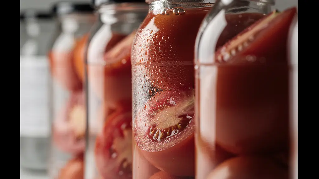 Bocaux en verre alignés contenant des tomates San Marzano avec étiquettes de traçabilité