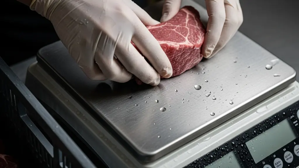 Gros plan de mains gantées controlant le poids d'une denree sur une plateforme de pesage, sans affichage lisible.