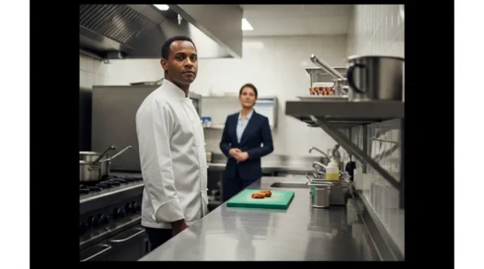 Un responsable de cuisine professionnelle garde son calme tandis qu’un inspecteur observe discrètement l’environnement de travail, dans une cuisine propre et lumineuse.