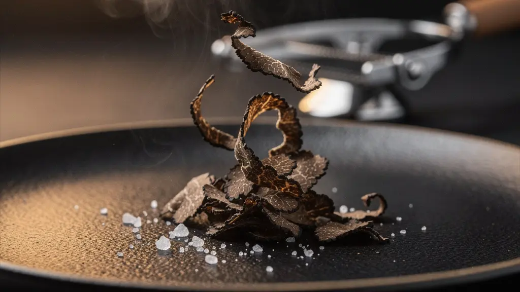 Gros plan macro de copeaux de truffe fraîche sur une assiette sombre, évoquant la rareté et la saisonnalité du produit.