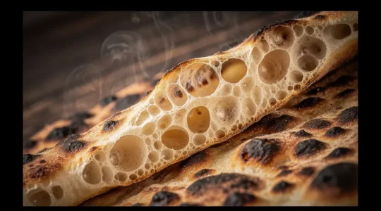 Gros plan sur le cornicione doré et alvéolé d'une pizza napolitaine fraîchement sortie du four