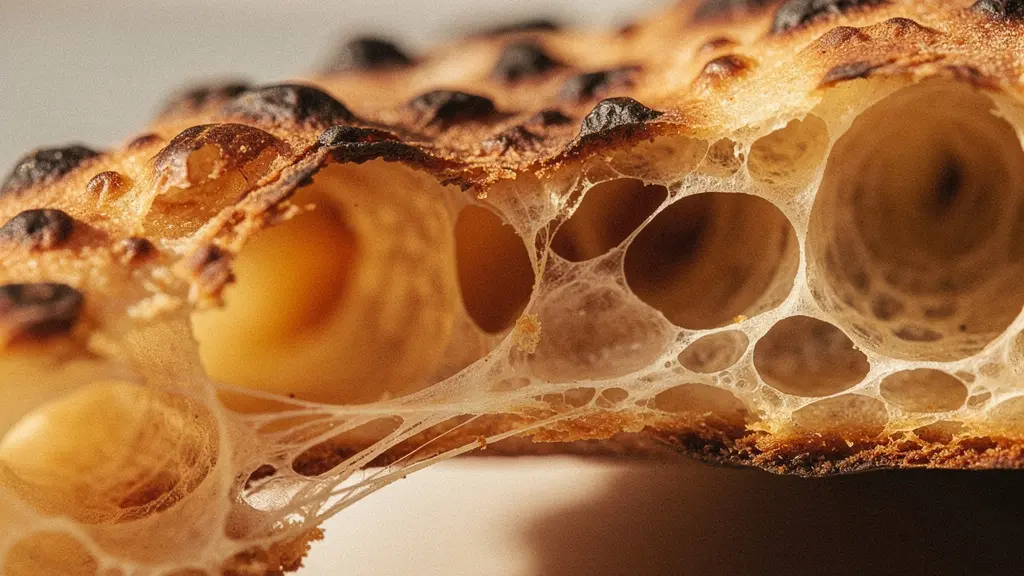 Gros plan sur le cornicione d'une pizza avec alvéoles et leoparding visible