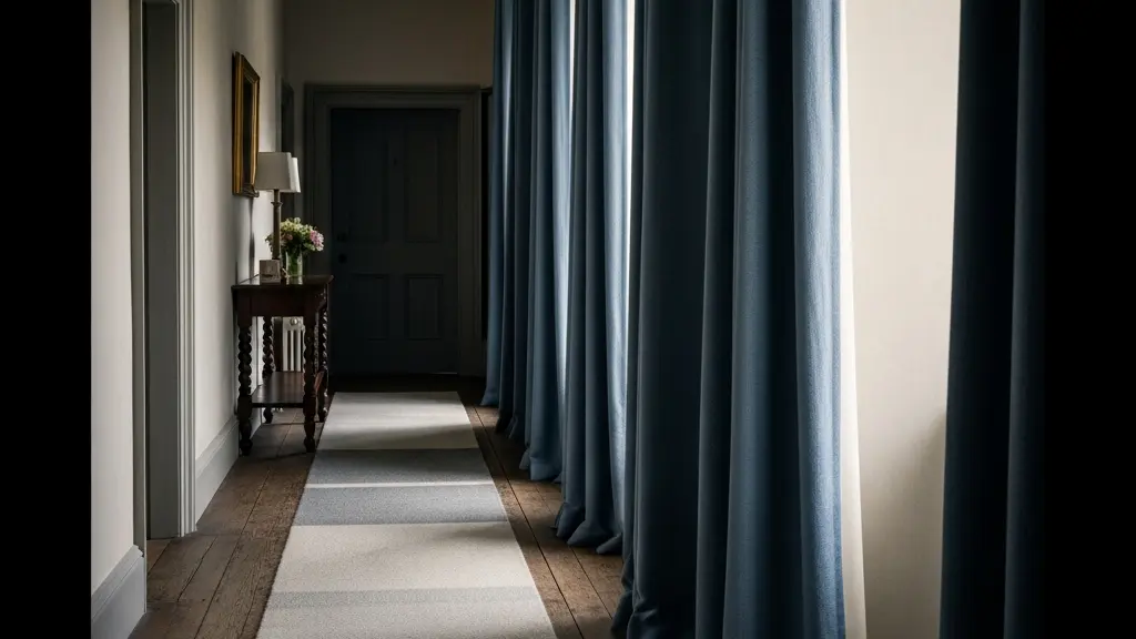 Couloir d’auberge ancienne calme avec tapis épais et rideaux lourds, lumière douce du matin.