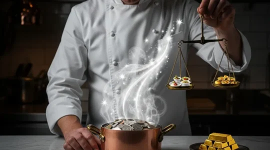 Un chef contemplant des graphiques financiers avec des étoiles dorées en arrière-plan dans une cuisine professionnelle