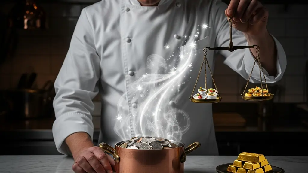 Un chef contemplant des graphiques financiers avec des étoiles dorées en arrière-plan dans une cuisine professionnelle