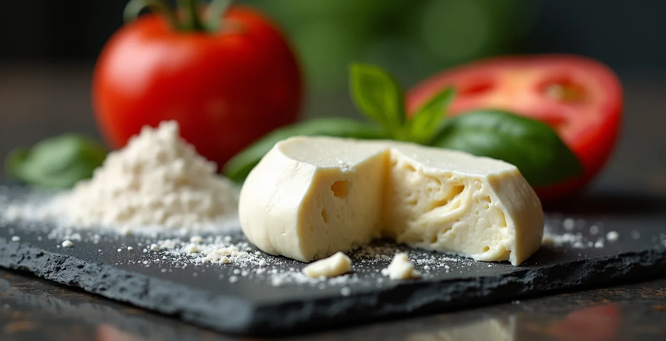 Gros plan macro sur les ingrédients d'une pizza Margherita disposés séparément montrant leur qualité