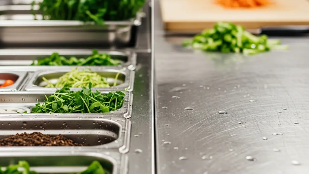 Gros plan macro sur des ustensiles en inox parfaitement alignés sur un plan de travail professionnel, symbolisant l'ordre et la séparation des flux en cuisine