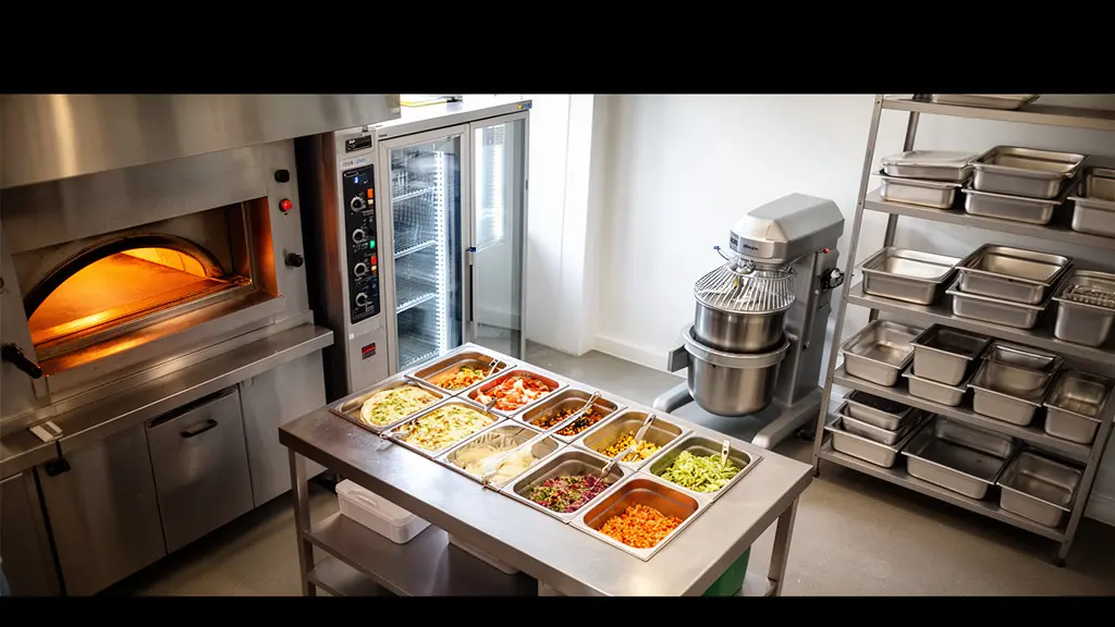 Vue panoramique d'une cuisine de pizzeria professionnelle avec équipements en inox et plan de travail organisé