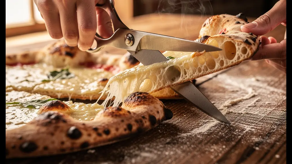 Mains coupant délicatement une pizza avec des ciseaux professionnels sans écraser le bord alvéolé