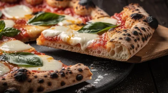Vue détaillée d'une pizza napolitaine avec cornicione léopardé sur pierre réfractaire