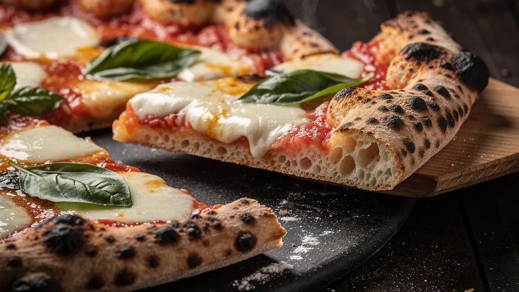 Vue détaillée d'une pizza napolitaine avec cornicione léopardé sur pierre réfractaire