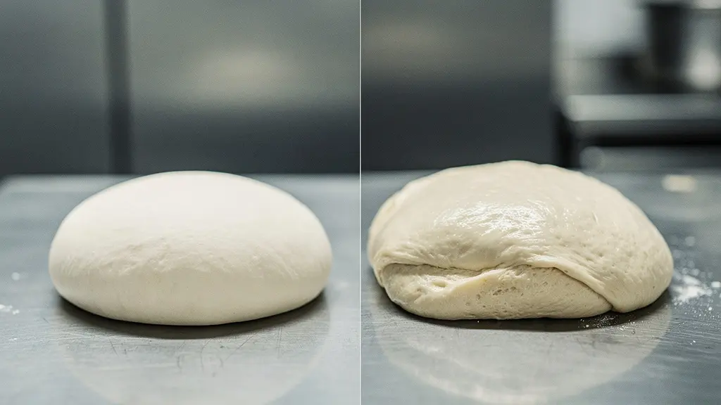 Deux pâtes à pain côte à côte : l’une bien tenue et lisse, l’autre affaissée et collante, illustrant l’impact d’une température excessive sur le réseau glutineux.