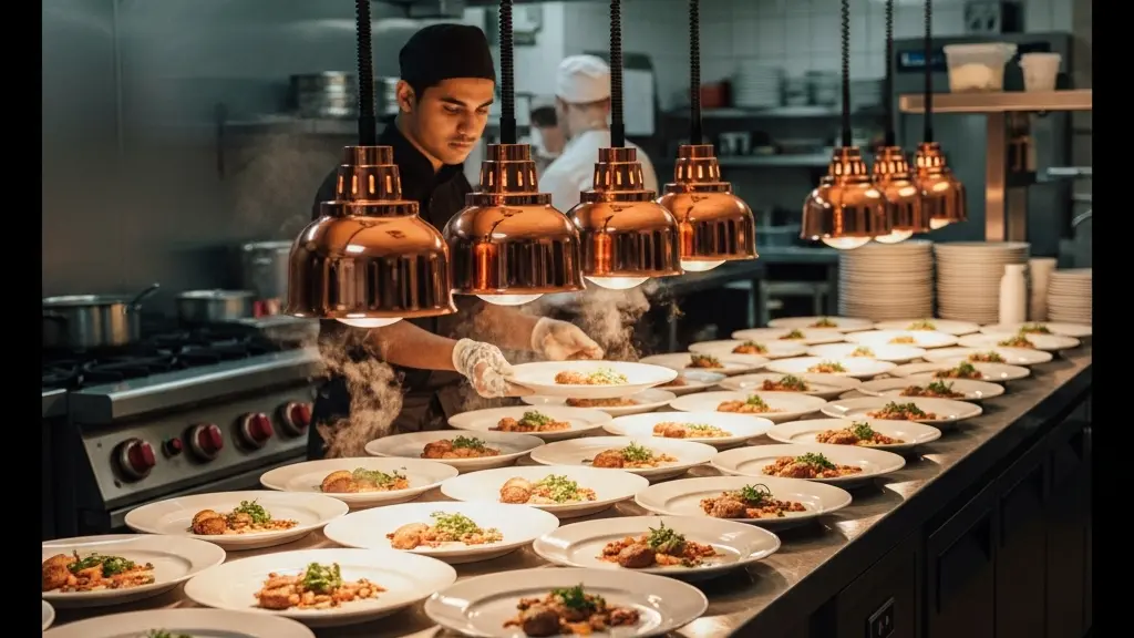 Passe de cuisine prêt pour un envoi de banquet, avec une longue ligne d'assiettes chaudes et une organisation très ordonnée.