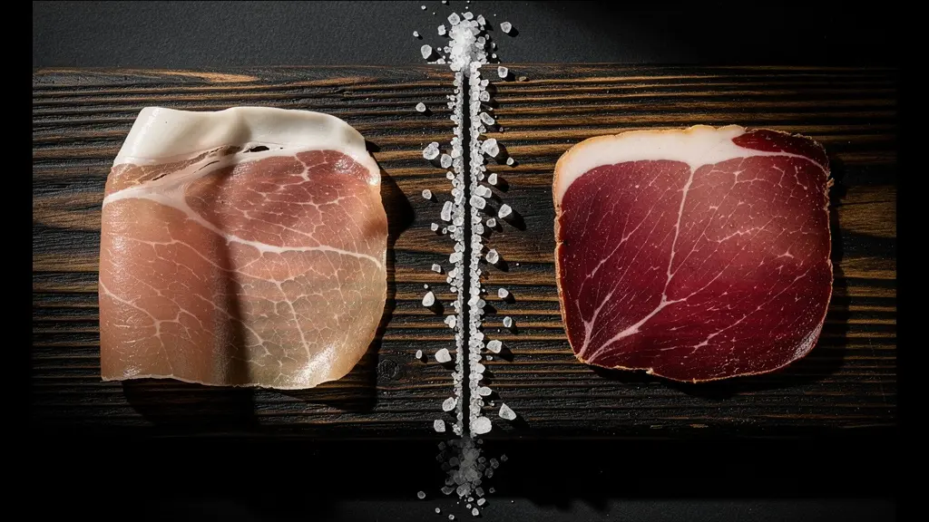 Deux tranches de jambon cru côte à côte sur une planche en bois sombre, l'une rosée et persillée (Parme), l'autre plus foncée et ferme (Bayonne), dans un éclairage dramatique