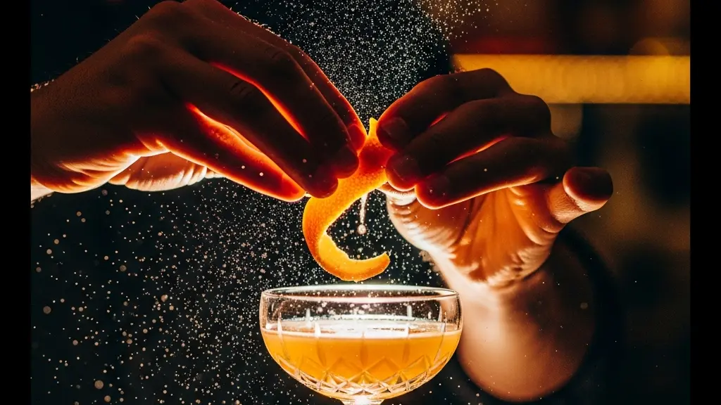 Mains d'un barman tordant un large zeste d'orange au-dessus d'un cocktail, libérant un nuage visible d'huiles essentielles éclairé par une lumière latérale chaude
