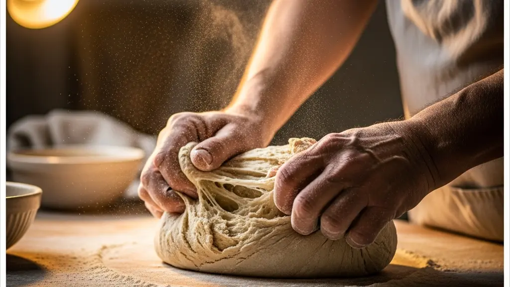 Gros plan sur les mains d'un boulanger manipulant une pâte à pain en fermentation avec des bulles de levure visibles